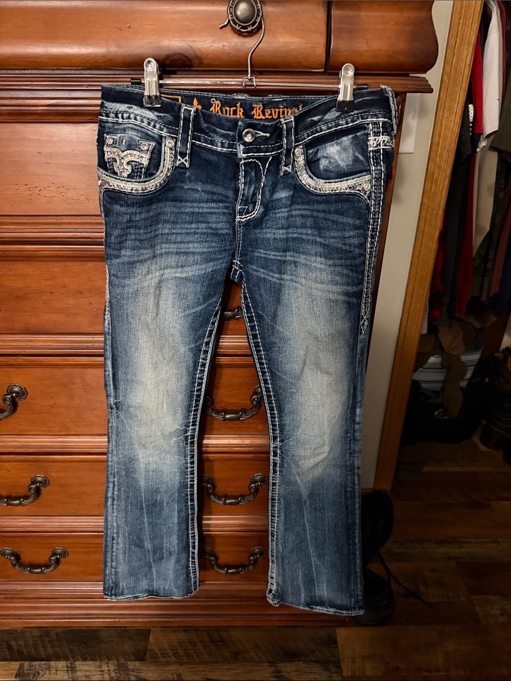 Rock Revival Women's Dark Blue Boot Cut Jeans with Contrast Stitching